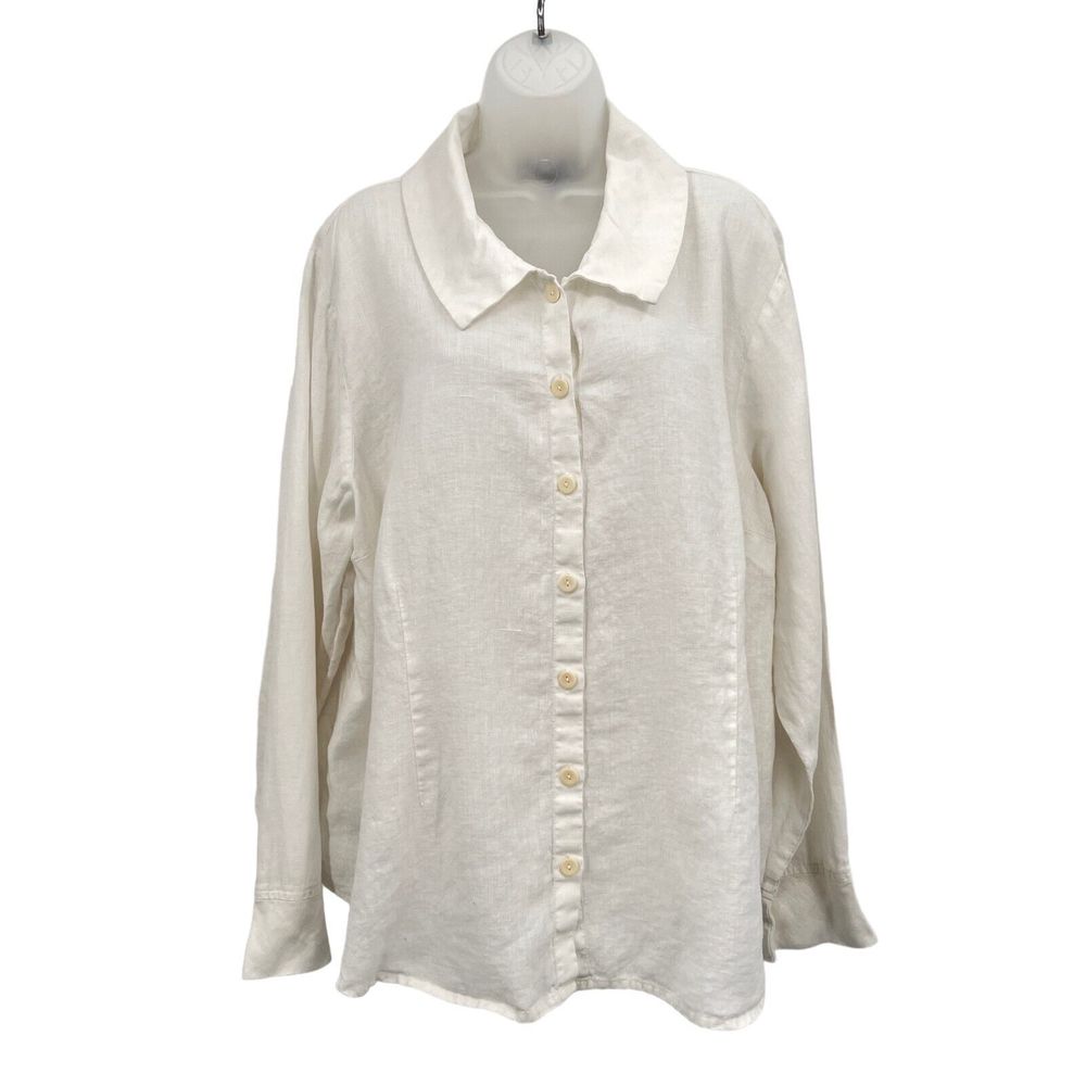 FLAX by Jeanne Engelhart Size 1G 1X White Button Down Shirt Lagenlook Top Linen - Picture 6 of 16